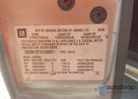 2005 Chevrolet Silverado 1500 Z71 z USA, uszkodzony, nr VIN 2GCEK13T151300671